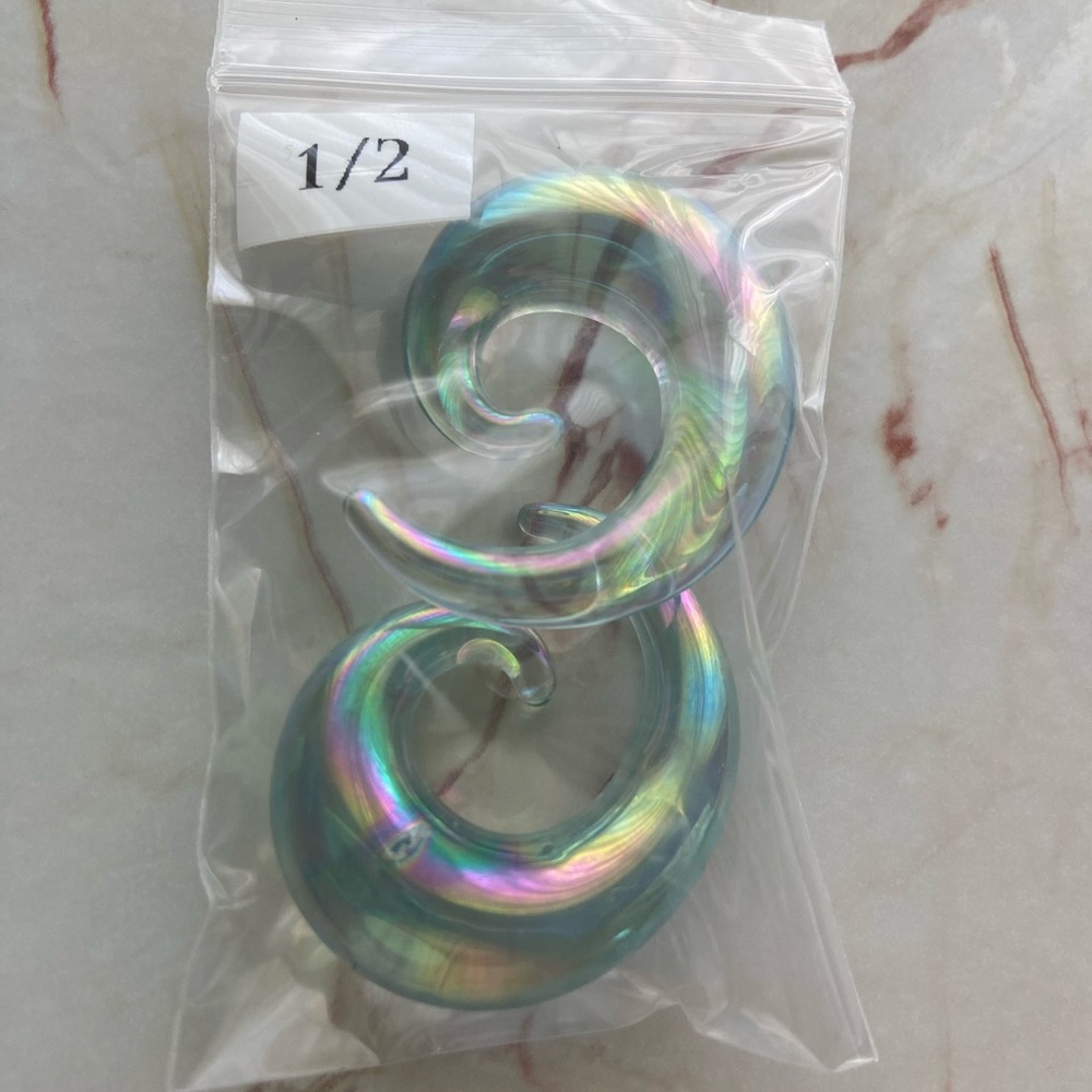 Iridescent Glass Ear Spirals. 1/2g